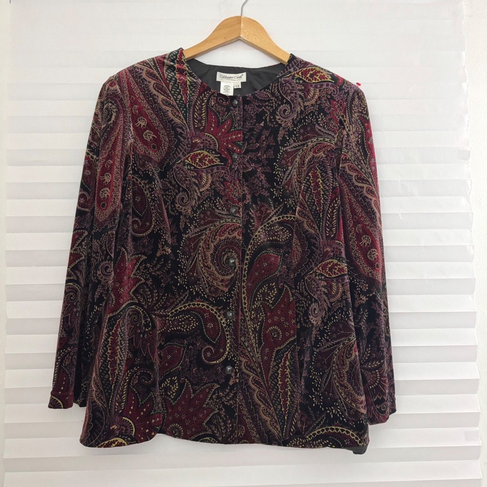 Coldwater Creek Womens 1X Paisley Velvet Jacket Burgundy Gold Metallic Button Up